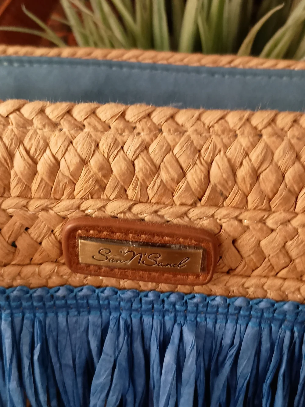 Layered Fringe Straw Tote in Blue, White & Tan